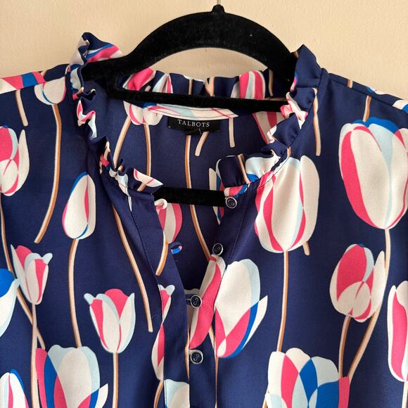 Talbots Tulips Ruffle Trim Popover Top Blue Button Front Long Sleeve Sz M - Picture 7 of 8